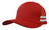 A red deep fit trucker cap with mesh sides and white stripes. It features a logo on the front.