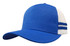 A blue trucker cap featuring a twill and mesh design with white stripes on the side and a curved brim.