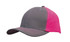 A grey and pink brushed heavy cotton cap with a logo on the front and contrast stitching.
