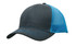 A dark grey cap with a blue mesh back and a curved brim, featuring a logo on the front.