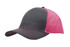 A grey and pink cap with a brushed cotton front and mesh back, featuring stitching details. Includes a logo.