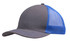 A grey cap with a blue mesh back, featuring a rounded peak and a logo on the front.