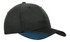A black cap featuring a peak with a blue flash print design. It includes a logo on the front.