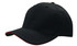 A black cap with red sandwich trim and a logo on the front. The cap features a curved visor and a structured design.