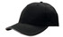 A black cap with a curved brim and sandwich trim, featuring a branding logo on the front.
