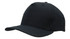 A black breathable poly twill cap featuring a curved brim and a fitted design. It has a logo on its side.