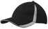 A black cap with grey inserts on the peak and crown, featuring a logo on the front.