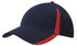 A navy cap with a red insert on the peak and crown, featuring a logo.