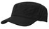 A black military cap with a flat brim and adjustable fit, featuring a logo.
