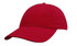 A red cap featuring a curved brim and a button on top, with a branding logo on the side.