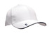 A white cap with a curved brim and a contrasting navy accent, featuring a logo on the side.