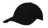 A black cap made from 100% recycled fabric, featuring a curved brim and a logo on the front.