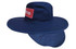 A navy blue canvas sun hat featuring a broad brim and a neck flap, with a logo on the front.
