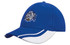 A blue cap with a curved peak, featuring white inserts and a logo on the front.