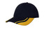 A navy cap with a curved peak and yellow inserts, featuring a logo on the front.