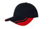 A navy blue cap with a curved peak featuring red inserts and a logo on the front.