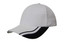 A white cap with a curved peak and navy blue inserts, featuring a logo on the side.