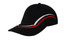 A black cap featuring curved red and white embroidery on the crown and peak, with a logo present.