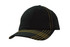 A black cap featuring contrasting yellow stitching and a cross-stitched peak, complete with a logo.