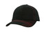 A black cap featuring contrasting red stitching and a cross-stitched peak, with a logo on the front.