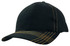 A black cap with contrasting yellow stitching and a cross-stitched peak. It features a logo on the front.