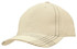 A cream-coloured cap with contrasting black stitching and a cross-stitched peak, featuring a logo.