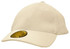 A beige cap featuring a textured design and a circular logo on the front.