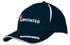 A navy blue cap with a curved brim, featuring white accents and logos on the front.