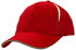 A red cap with a crown insert and sandwich peak, featuring contrasting stitching and a logo.