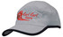 A grey microfibre sports cap with a black trim on the edge of the crown and peak, featuring a logo.