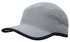 A grey microfibre sports cap featuring a black trim on the edge of the crown and peak, with a branded logo.