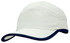 A white microfibre sports cap featuring a navy trim along the edge of the crown and peak. It has a logo.