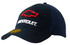 A navy blue cap featuring a mesh back and a prominent logo design on the front.