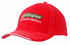 A red cap with contrasting stitching and an embroidered logo on the front. Features a curved brim.
