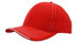 A red cap with contrasting white stitching and an open lip sandwich design. It features a logo on the front.