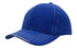 A blue cap featuring contrasting white stitching and an open lip sandwich design. It has a logo on the front.