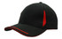 A black cap with red peak trim and crown inserts, featuring a logo on the front.