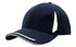 A navy cap with crown inserts, peak trim, and a sandwich style brim. It features a logo on the side.