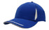 A blue cap with white peak trim and sandwich detail, featuring crown inserts and a branding logo.