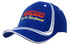 A blue cap with white waving stripes on the crown and peak, featuring a logo on the front.
