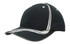 A cap in navy blue and grey with waving stripes on the crown and peak, featuring a logo.