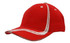 A red cap featuring waving white stripes on the crown and peak, with a logo on the front.