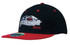 A cap featuring a black body and red visor, decorated with embroidered graphics and branding.
