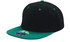 A cap featuring a black crown and a teal brim, with a logo on the front.