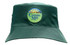 A green breathable poly twill bucket hat featuring a circular logo.