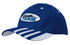 A blue cap with mesh design, featuring white stripes on the peak and a logo on the front.