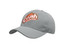 A grey cap featuring an embroidered orange and green logo, along with branding.