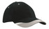 A cap in black with a grey peak and trim, featuring a logo on the front.