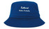 A blue child's bucket hat featuring a logo and white text. The hat has a wide brim for sun protection.