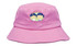 A pink infants bucket hat featuring a logo and two cartoon characters. It has a wide brim for sun protection.